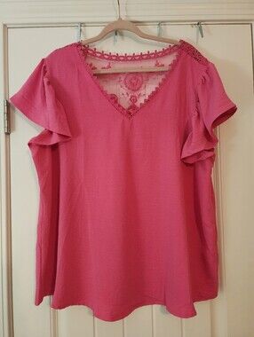 Perch Blu Pepper Hot Pink Lace-Trim V-Neck Women's Top Satiny XXL Barbiecorp